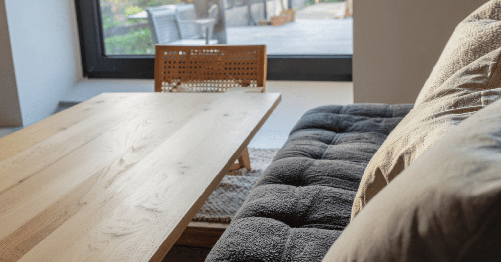 Cozy therapy space with couch, wooden table, and natural light creating a calm and welcoming environment