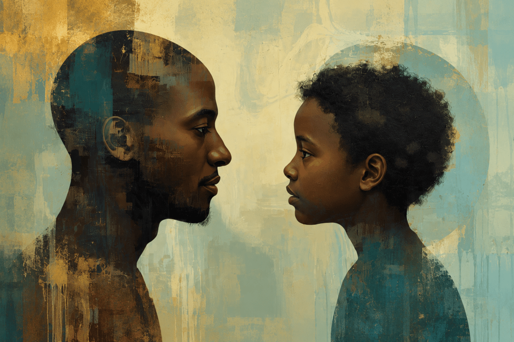 Abstract digital illustration of an adult and child facing one another in profile, symbolizing inner child healing, self-reflection, and the human longing to be truly seen.