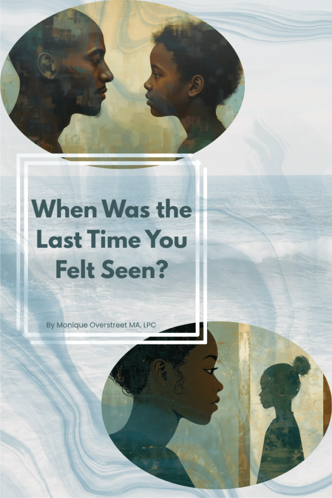 Abstract artwork of adults and children facing one another above an ocean background, representing healing, authenticity, and the experience of being truly seen.