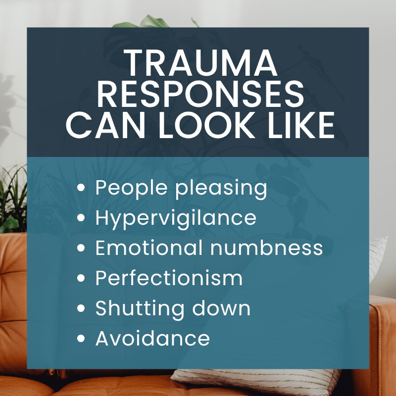 infographic with what trauma responses can look like reading, People pleasing
Hypervigilance
Emotional numbness
Perfectionism
Shutting down
Avoidance