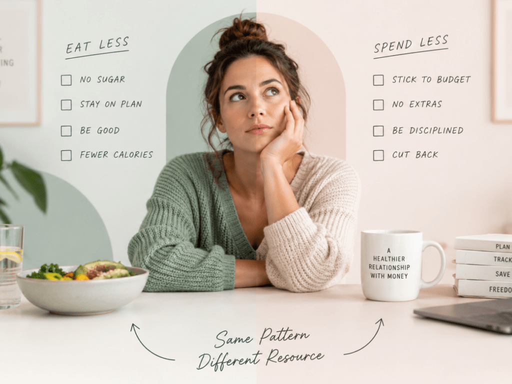 Woman seated between visual examples of restrictive eating and restrictive budgeting, illustrating how both can create similar patterns of pressure and self-control.